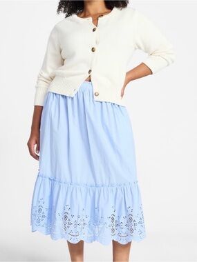 NWT - 100% Cotton Light Blue Eyelet Hem Smocked Waist Skirt